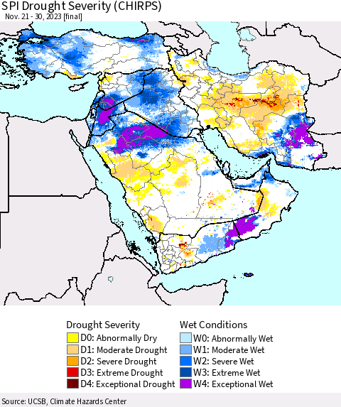 Middle East and Turkey SPI Drought Severity (CHIRPS) Thematic Map For 11/21/2023 - 11/30/2023