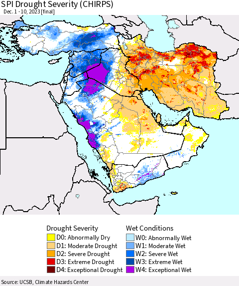 Middle East and Turkey SPI Drought Severity (CHIRPS) Thematic Map For 12/1/2023 - 12/10/2023