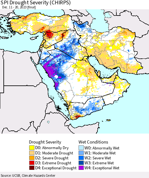 Middle East and Turkey SPI Drought Severity (CHIRPS) Thematic Map For 12/11/2023 - 12/20/2023