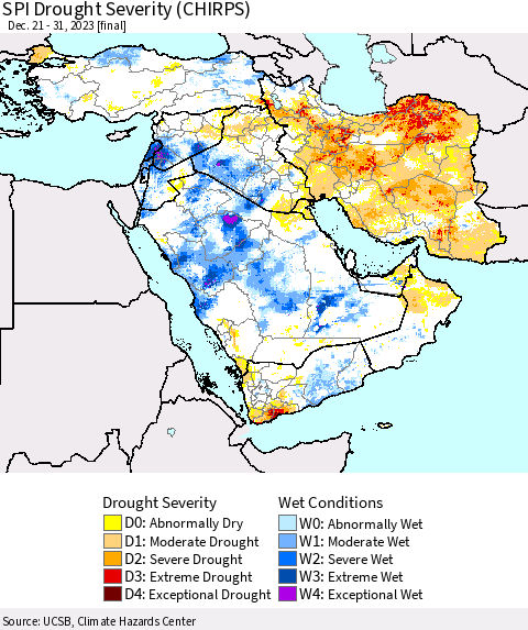 Middle East and Turkey SPI Drought Severity (CHIRPS) Thematic Map For 12/21/2023 - 12/31/2023