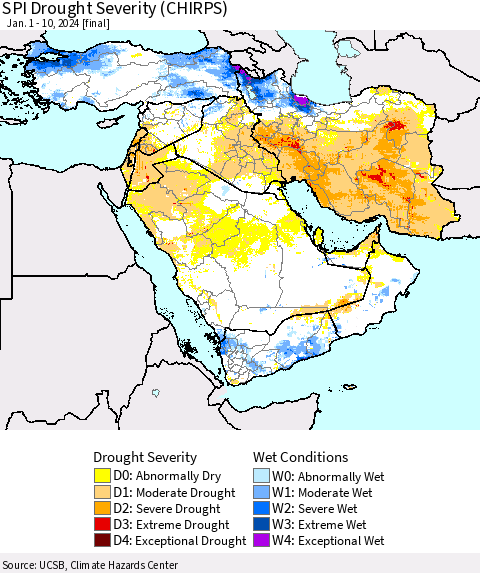 Middle East and Turkey SPI Drought Severity (CHIRPS) Thematic Map For 1/1/2024 - 1/10/2024