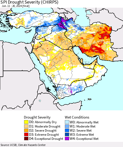 Middle East and Turkey SPI Drought Severity (CHIRPS) Thematic Map For 1/11/2024 - 1/20/2024