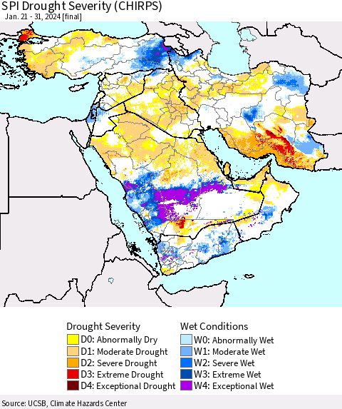 Middle East and Turkey SPI Drought Severity (CHIRPS) Thematic Map For 1/21/2024 - 1/31/2024