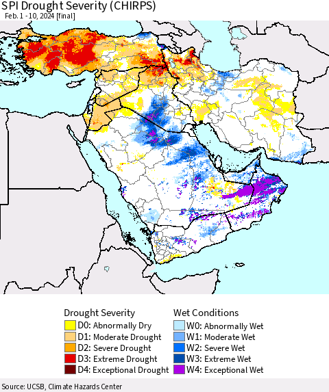 Middle East and Turkey SPI Drought Severity (CHIRPS) Thematic Map For 2/1/2024 - 2/10/2024