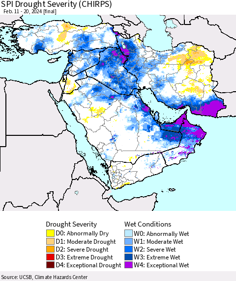 Middle East and Turkey SPI Drought Severity (CHIRPS) Thematic Map For 2/11/2024 - 2/20/2024