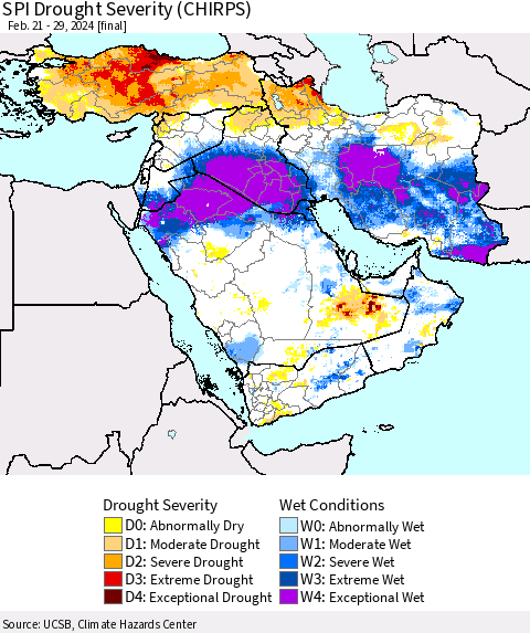 Middle East and Turkey SPI Drought Severity (CHIRPS) Thematic Map For 2/21/2024 - 2/29/2024