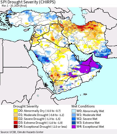 Middle East and Turkey SPI Drought Severity (CHIRPS) Thematic Map For 3/1/2024 - 3/10/2024
