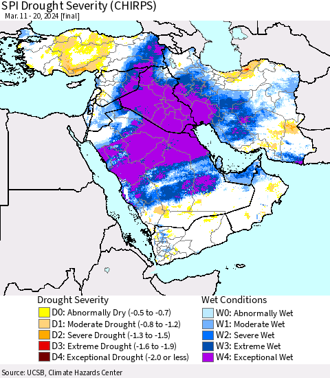 Middle East and Turkey SPI Drought Severity (CHIRPS) Thematic Map For 3/11/2024 - 3/20/2024