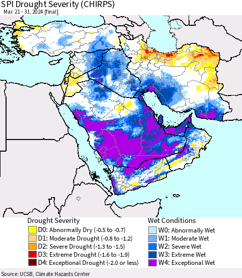 Middle East and Turkey SPI Drought Severity (CHIRPS) Thematic Map For 3/21/2024 - 3/31/2024