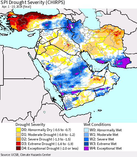Middle East and Turkey SPI Drought Severity (CHIRPS) Thematic Map For 4/1/2024 - 4/10/2024