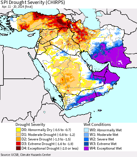 Middle East and Turkey SPI Drought Severity (CHIRPS) Thematic Map For 4/11/2024 - 4/20/2024