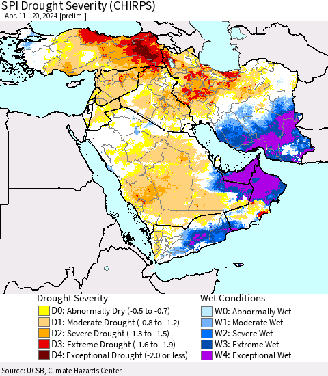 Middle East and Turkey SPI Drought Severity (CHIRPS) Thematic Map For 4/11/2024 - 4/20/2024
