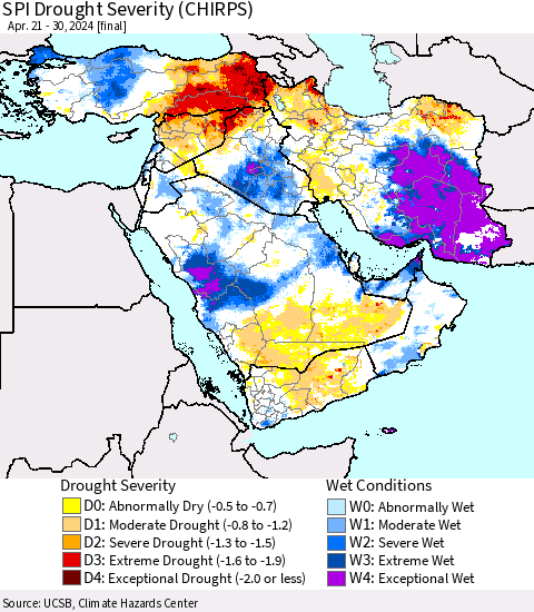 Middle East and Turkey SPI Drought Severity (CHIRPS) Thematic Map For 4/21/2024 - 4/30/2024
