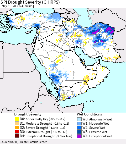 Middle East and Turkey SPI Drought Severity (CHIRPS) Thematic Map For 5/11/2024 - 5/20/2024