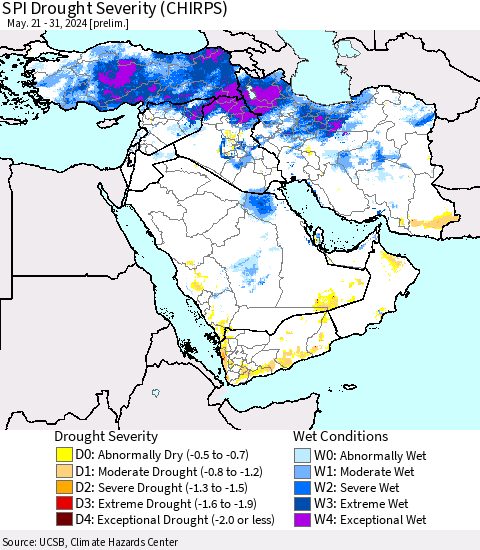 Middle East and Turkey SPI Drought Severity (CHIRPS) Thematic Map For 5/21/2024 - 5/31/2024
