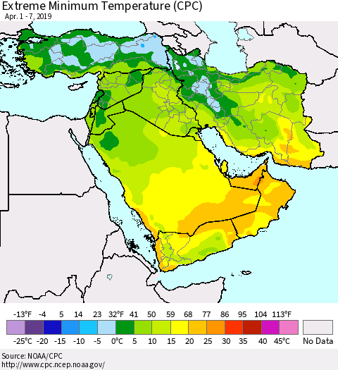 Middle East and Turkey Minimum Daily Temperature (CPC) Thematic Map For 4/1/2019 - 4/7/2019