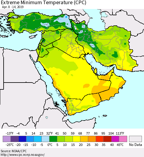 Middle East and Turkey Minimum Daily Temperature (CPC) Thematic Map For 4/8/2019 - 4/14/2019
