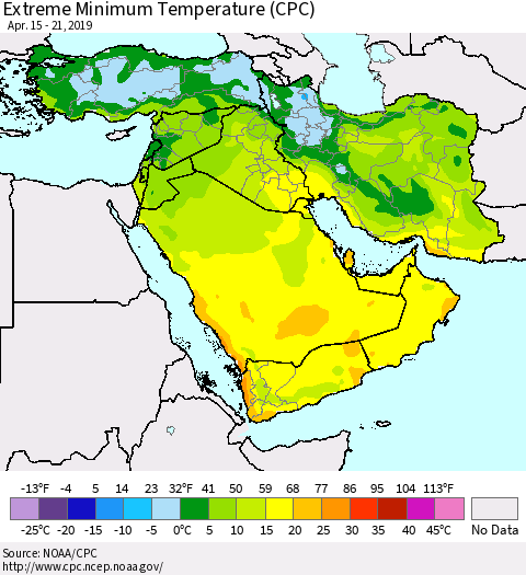 Middle East and Turkey Minimum Daily Temperature (CPC) Thematic Map For 4/15/2019 - 4/21/2019