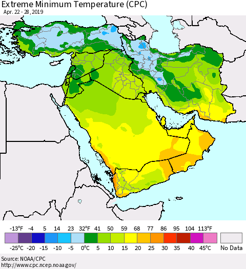 Middle East and Turkey Minimum Daily Temperature (CPC) Thematic Map For 4/22/2019 - 4/28/2019