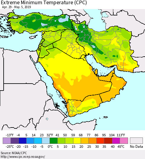 Middle East and Turkey Minimum Daily Temperature (CPC) Thematic Map For 4/29/2019 - 5/5/2019