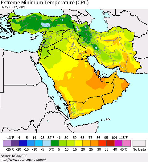 Middle East and Turkey Minimum Daily Temperature (CPC) Thematic Map For 5/6/2019 - 5/12/2019