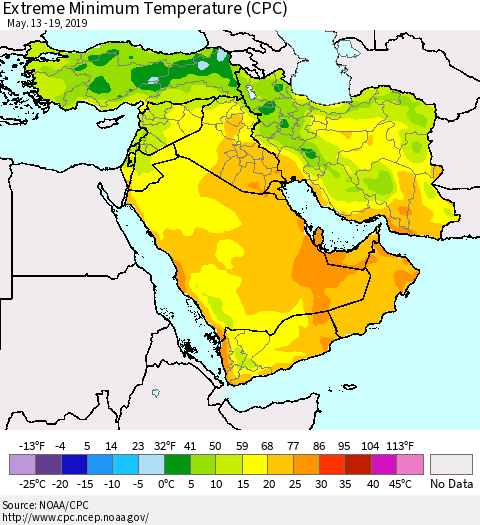 Middle East and Turkey Minimum Daily Temperature (CPC) Thematic Map For 5/13/2019 - 5/19/2019