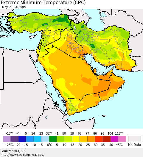 Middle East and Turkey Minimum Daily Temperature (CPC) Thematic Map For 5/20/2019 - 5/26/2019