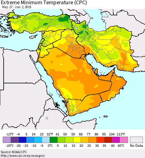 Middle East and Turkey Minimum Daily Temperature (CPC) Thematic Map For 5/27/2019 - 6/2/2019