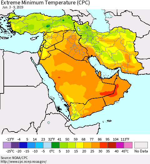 Middle East and Turkey Minimum Daily Temperature (CPC) Thematic Map For 6/3/2019 - 6/9/2019