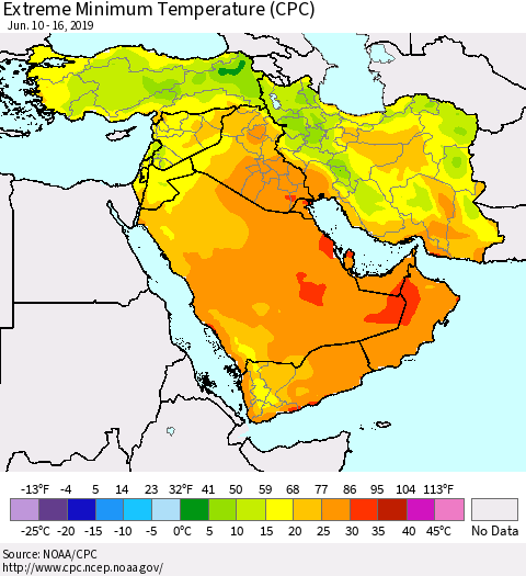 Middle East and Turkey Minimum Daily Temperature (CPC) Thematic Map For 6/10/2019 - 6/16/2019