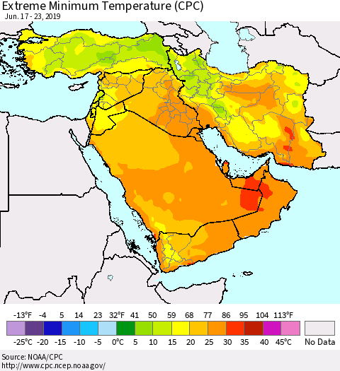 Middle East and Turkey Minimum Daily Temperature (CPC) Thematic Map For 6/17/2019 - 6/23/2019