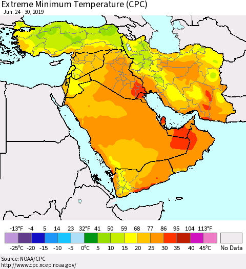 Middle East and Turkey Minimum Daily Temperature (CPC) Thematic Map For 6/24/2019 - 6/30/2019