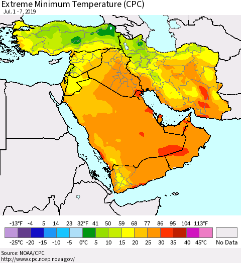 Middle East and Turkey Minimum Daily Temperature (CPC) Thematic Map For 7/1/2019 - 7/7/2019