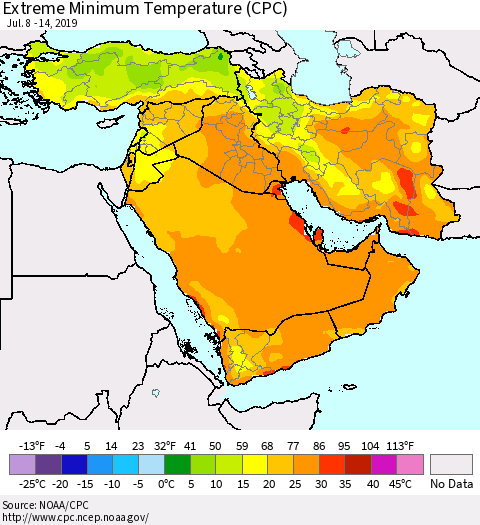 Middle East and Turkey Minimum Daily Temperature (CPC) Thematic Map For 7/8/2019 - 7/14/2019