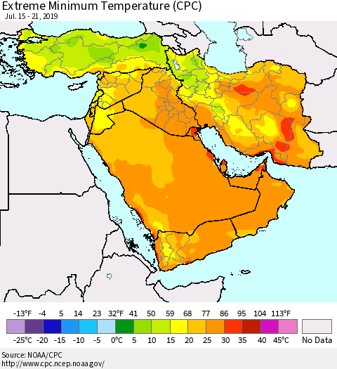 Middle East and Turkey Minimum Daily Temperature (CPC) Thematic Map For 7/15/2019 - 7/21/2019
