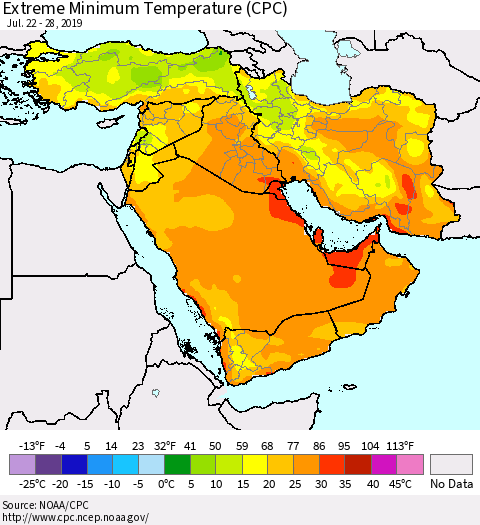 Middle East and Turkey Minimum Daily Temperature (CPC) Thematic Map For 7/22/2019 - 7/28/2019