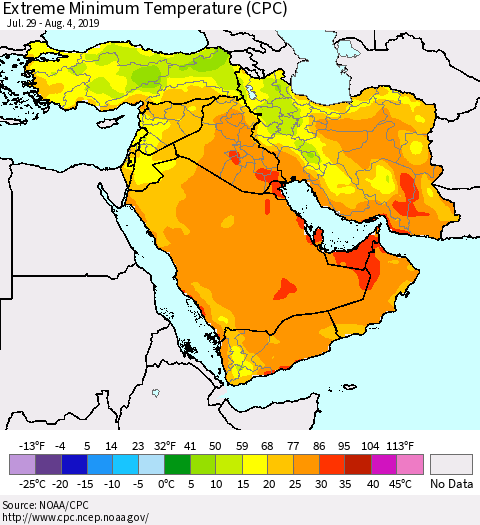 Middle East and Turkey Minimum Daily Temperature (CPC) Thematic Map For 7/29/2019 - 8/4/2019