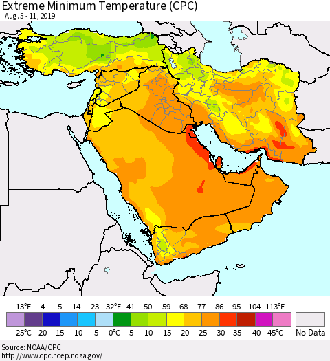 Middle East and Turkey Minimum Daily Temperature (CPC) Thematic Map For 8/5/2019 - 8/11/2019