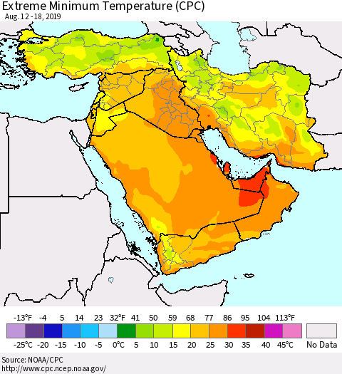 Middle East and Turkey Minimum Daily Temperature (CPC) Thematic Map For 8/12/2019 - 8/18/2019