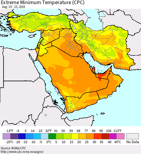 Middle East and Turkey Minimum Daily Temperature (CPC) Thematic Map For 8/19/2019 - 8/25/2019