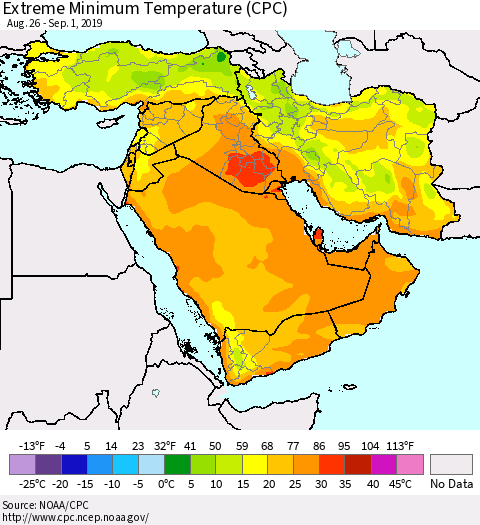 Middle East and Turkey Minimum Daily Temperature (CPC) Thematic Map For 8/26/2019 - 9/1/2019