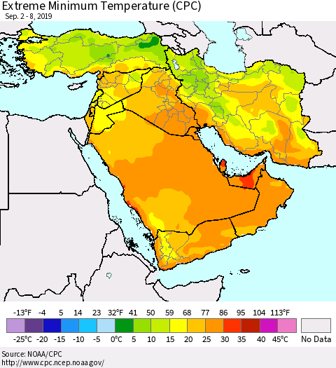 Middle East and Turkey Minimum Daily Temperature (CPC) Thematic Map For 9/2/2019 - 9/8/2019