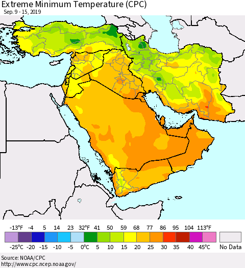 Middle East and Turkey Minimum Daily Temperature (CPC) Thematic Map For 9/9/2019 - 9/15/2019