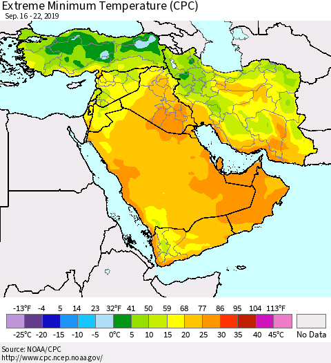 Middle East and Turkey Minimum Daily Temperature (CPC) Thematic Map For 9/16/2019 - 9/22/2019