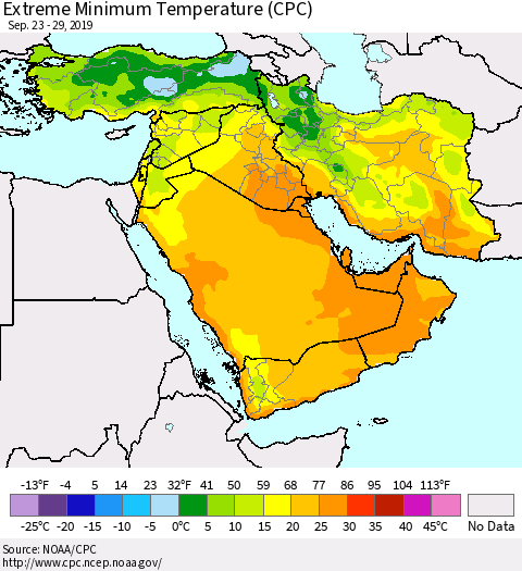 Middle East and Turkey Minimum Daily Temperature (CPC) Thematic Map For 9/23/2019 - 9/29/2019