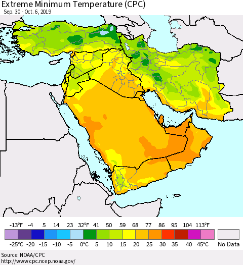 Middle East and Turkey Minimum Daily Temperature (CPC) Thematic Map For 9/30/2019 - 10/6/2019