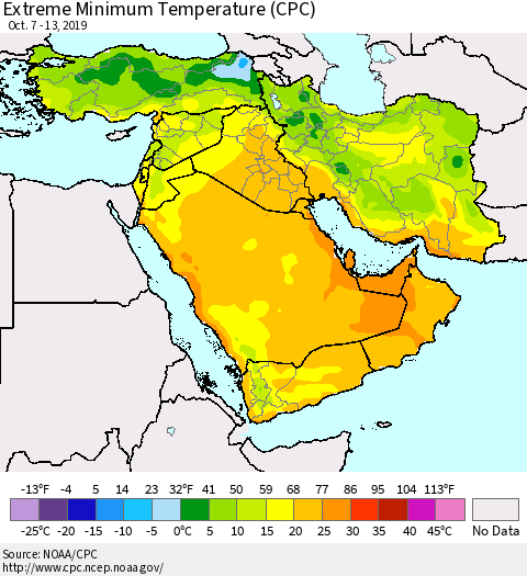 Middle East and Turkey Minimum Daily Temperature (CPC) Thematic Map For 10/7/2019 - 10/13/2019