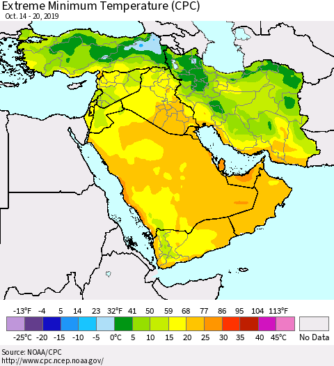 Middle East and Turkey Minimum Daily Temperature (CPC) Thematic Map For 10/14/2019 - 10/20/2019