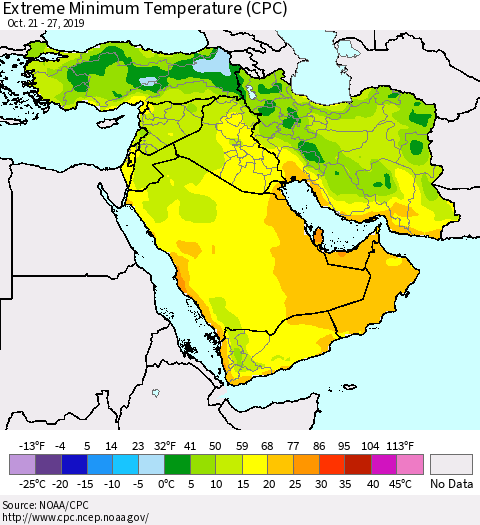 Middle East and Turkey Minimum Daily Temperature (CPC) Thematic Map For 10/21/2019 - 10/27/2019