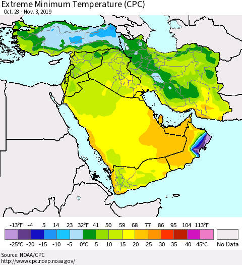 Middle East and Turkey Minimum Daily Temperature (CPC) Thematic Map For 10/28/2019 - 11/3/2019